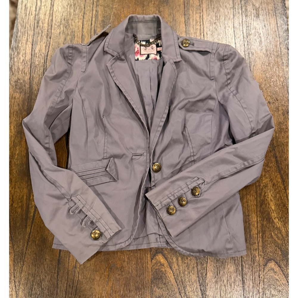 Juicy Couture Grey Military Blazer Jacket Brass Crest Buttons Size P Small
